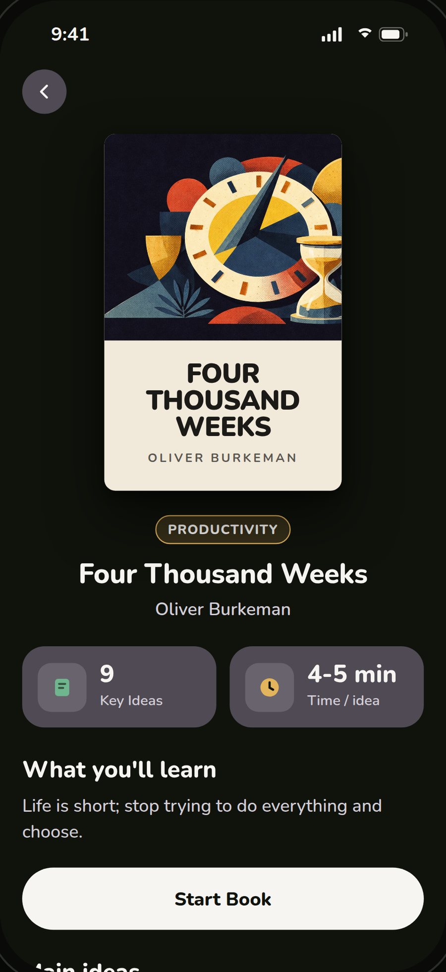 A book page in BrainDrop: Four Thousand Weeks, 9 key ideas