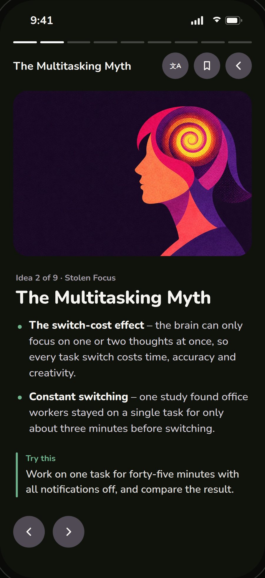 An idea card in BrainDrop: The Multitasking Myth
